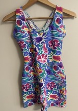 Vtg 80's Pink Blue Floral One Piece Workout Leotard Cotton Blend S/XS