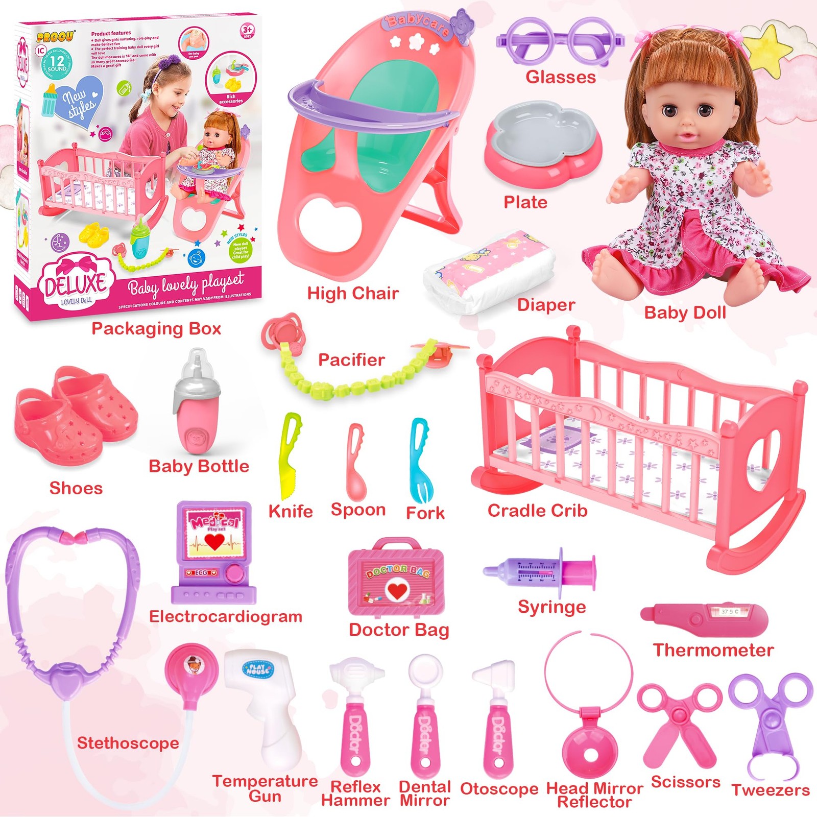 14 Baby Doll Care Set with Cradle, High Chair, Bottle  Accessories for Kids