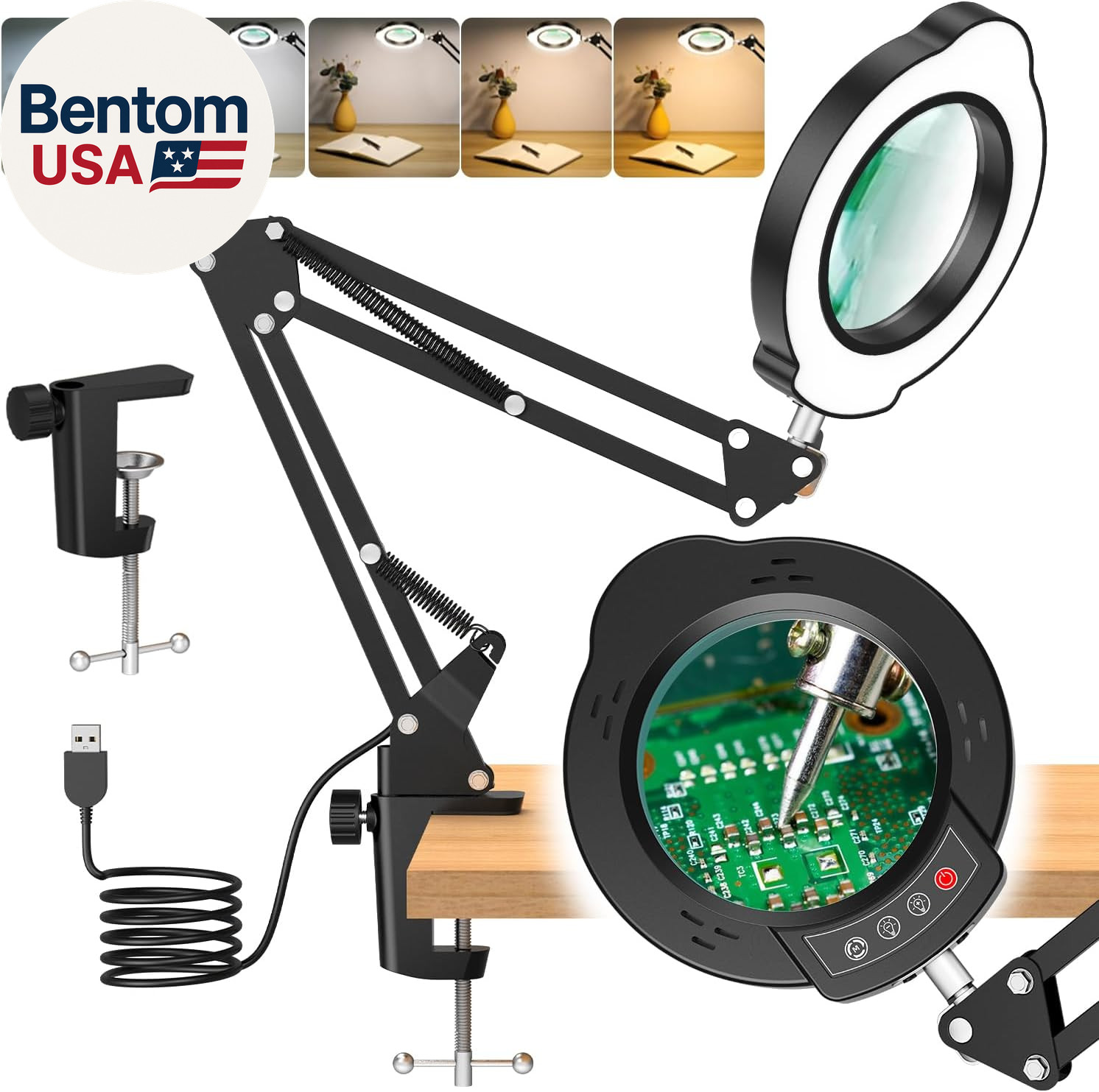 10X Magnifying Glass with Light and Clamp, 5 Color Modes Stepped Dimmable 2-In-1