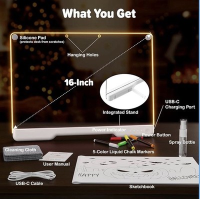 16-Inch rechargeable Doodle Glow LED Note Board, 7-Color Light Modes, White