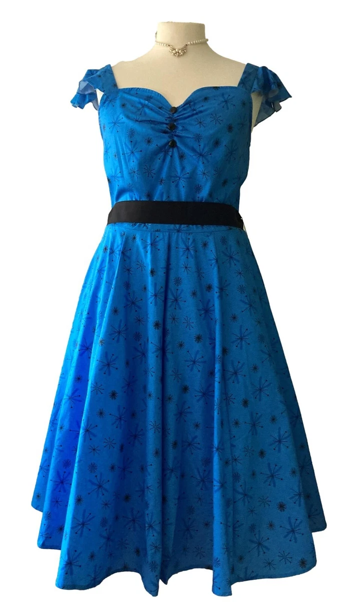 PLUS SIZE 24 26 28 BLUE BLACK 50s VINTAGE STYLE SWING DRESS UK RETRO | eBay