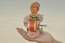 Vintage Wind Up Textured Cloth Clown/Joker Playing Drum Tin Toy