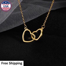 Women Fashion 14K Gold Interlocked Heart Beauty Lover Charm Necklace Chain