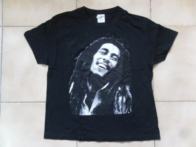 BOB MARLEY T-SHIRT NOIR MANCHES COURTES COL ROND 100% COTON TAILLE S noir blanc - Photo 1/2