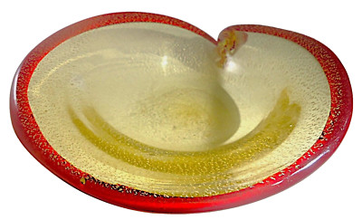 Seguso Murano MCM Ruby Red Rimmed Shell Bowl 8''w All Over Bright Gold Sparkles!
