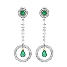 Pear Round Cut Green Emerald With Round White CZ 10.05 CT Long Dangle Earrings
