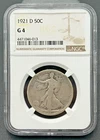 1921 D Walking Liberty 50C Silver Half Dollar NGC Good 4, Key Date Coin