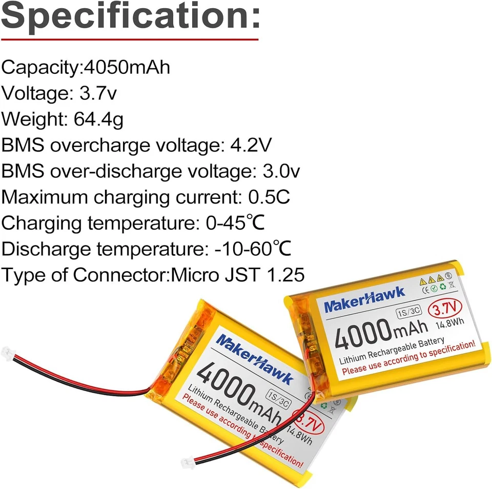 3,7 V 4000 mAh LiPo-Akku wiederaufladbar 1S 3C 124065 Lithium-Polymer-Akku - Bild 3 von 4