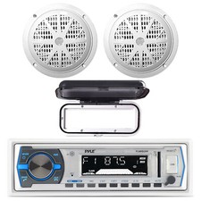 Pyle Bluetooth Marine Receiver, Cover, 2x 4'' 100W Stereo Speakers White