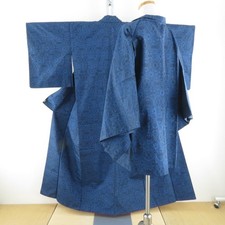 Tsumugi kimono Ansemble Silk Geometric and floral patterns Blue 60.6inch Women's