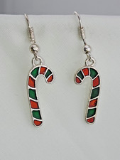 Christmas Silver Tone Red & Green Striped Candy Cane Hook Dangle Earrings