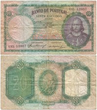 1954 BANCO DE PORTUGAL ”Vinte” or  20 ESCUDOS  Note DON ANTONIO LUIZ DE MENESES