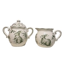 Maxcera GREEN RABBIT TOILE Floral CREAMER & sealed SUGAR BOWL w/Lid NEW 3 pc Set