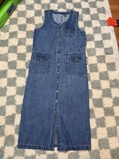 Crossroads blue jean cotton denim snap button front sleeveless jumper dress Vtg