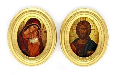 Puppenstube 2 byzantinische religiöse Gemälde oval Goldrahmen Miniatur Zubehör