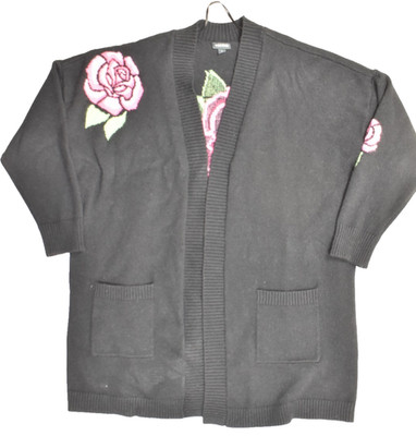 Torrid Women 2 Rose Intarsia Knit Longline Cardigan Black Pink Floral Plus Size