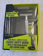 A-ZONE Double Edge Safety Razor With 12 Blades Classic Mens Shaving Chrome Stand