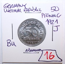 A9 - Germany 50 Pfennig 1921-J Brilliant Unc. Aluminum Coin - Weimar Republic