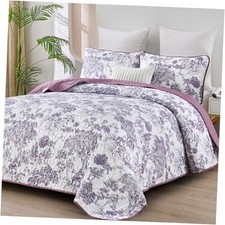 Botanical Quilt Set Size 3 Pieces Toile Floral Plants Printed Queen Purple