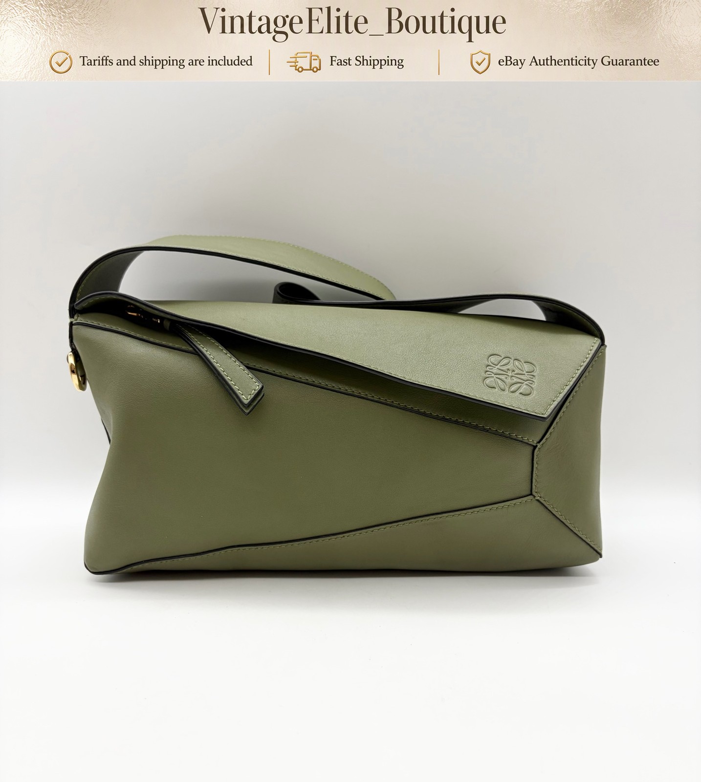 Loewe Puzzle Hobo Medium Green Leather Gold HW Shoulder Bag Preowned