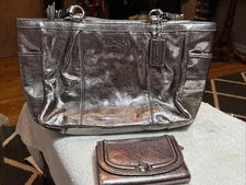 Rare COACH F17721 Metallic Pewter Silver Leather medium East West Leather Tote
