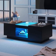Black Smart LED Coffee Table - App Control 2 Drawers Glass Top Large Storage