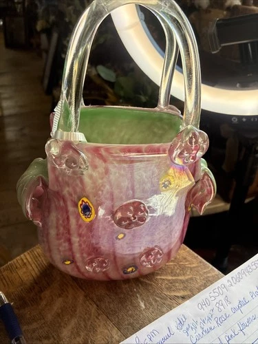 Vintage Handblown Pretty in Pink Glass Purse; Murano Style with Millefiori