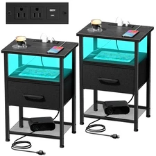 Nightstands Set of 2 with Charging Station and Drawer, End Table Bedside Tabl...