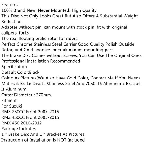 Black 270MM Front Floating Brake Disc Rotor ONE For Suzuki RMX 450 2010-2012 - Picture 9 of 9
