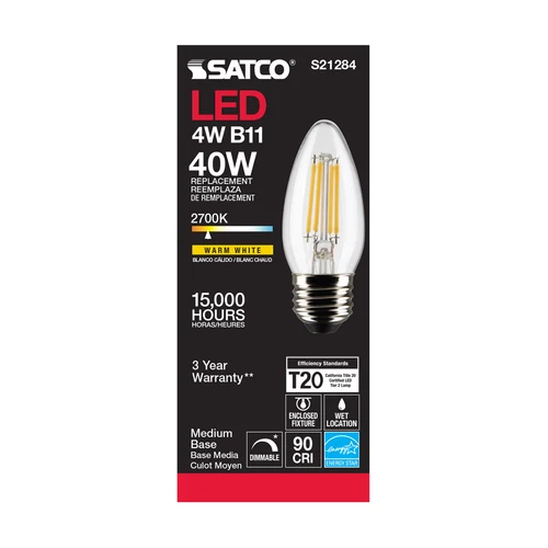 6 Pack Satco S21284 LED Filament Bulbs 120V 4W 40W B11 Medium E26 2700K Dimmable - Picture 6 of 11