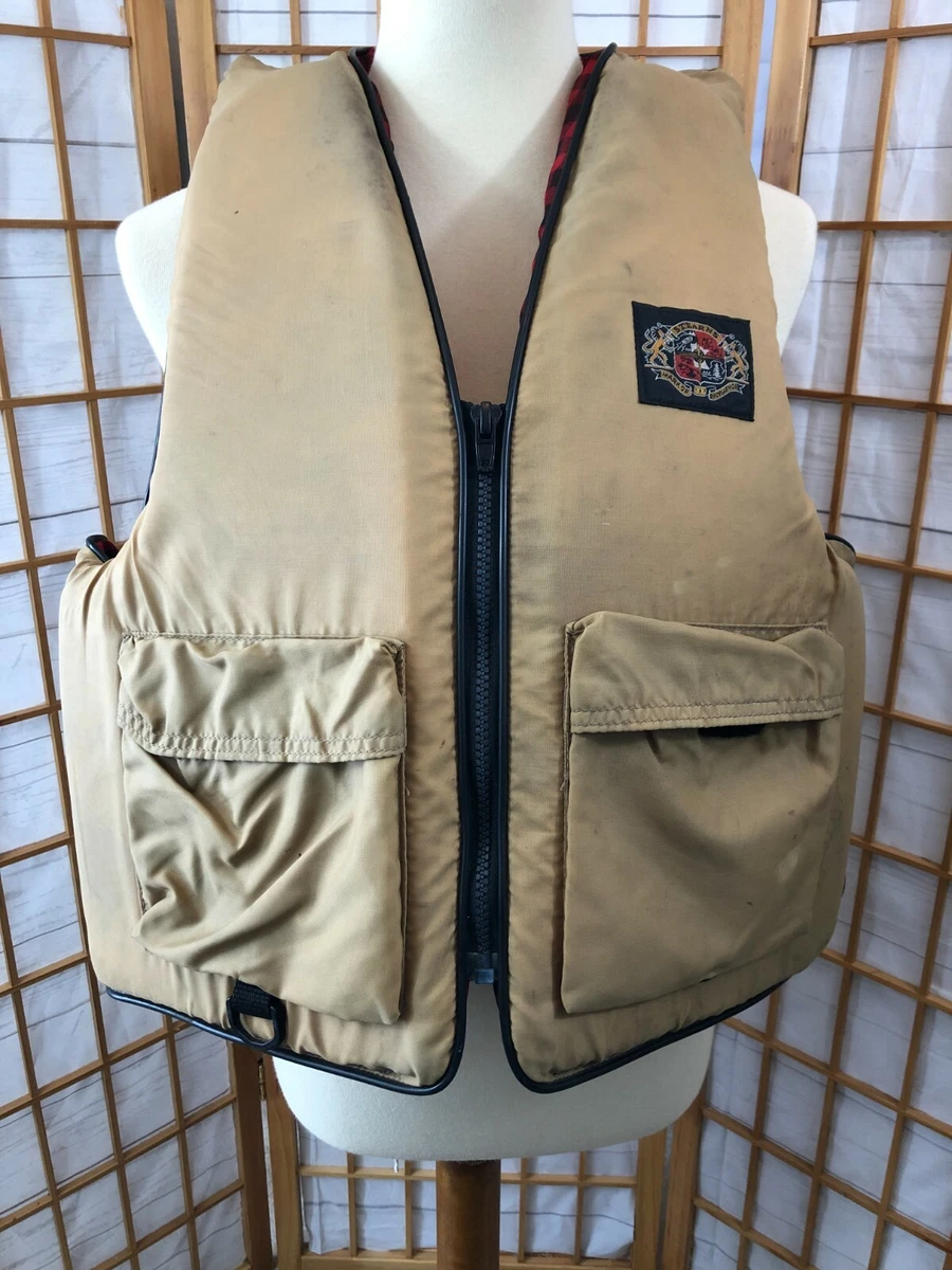 Vintage Flotation Aid Fishing Vest Life Jacket by Stearns Tan & Red Checker  XL