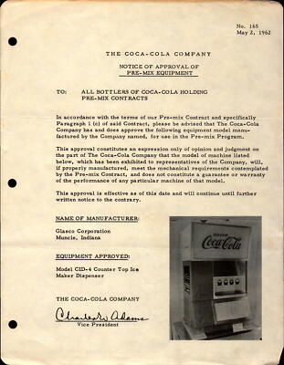 Coca-Cola Co. ephemera May 1962 Notice Pre-Mix Equipment Glasco                