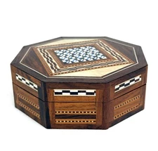 Vintage Spanish Marquetry 5" Octagon Wooden Inlay Trinket Box Velvet Lined