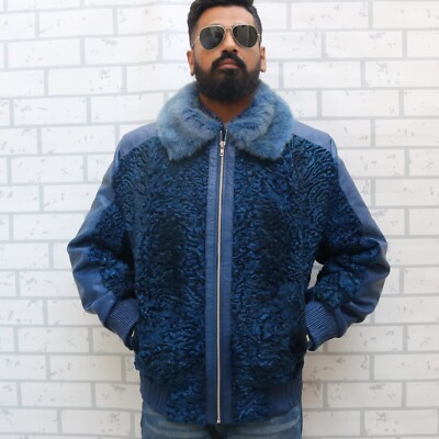 Blue Astrakhan Fur coat Real Sheep Leather Crocodile Pattern Sleeves Fur Jacket