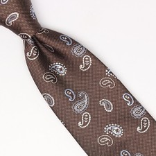 John G Hardy Mens Silk Necktie Brown Ice Blue White Pindot Paisley Weave Woven