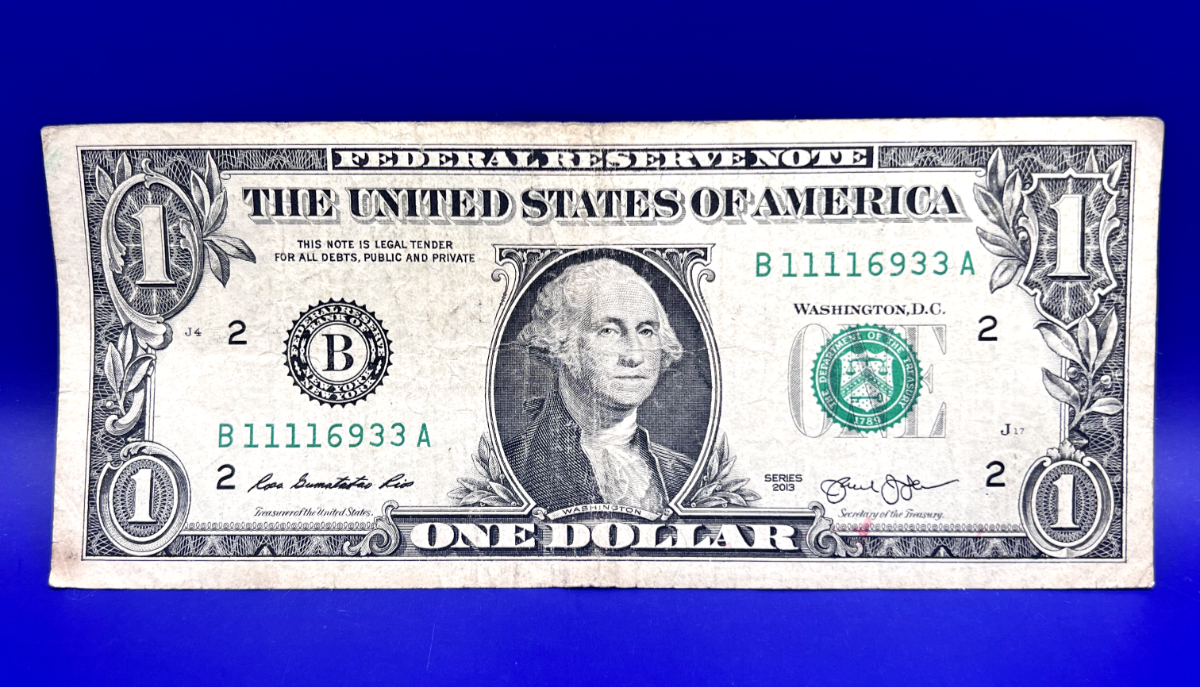 2013 $1 One Dollar Bill Fancy Serial Number 4-of-a-kind and 1 pair