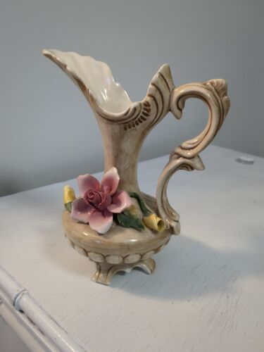 Beautiful Italian Capodimonte 9” Vase Handled & Footed Pink Flowers & Stamp - Picture 2 of 13