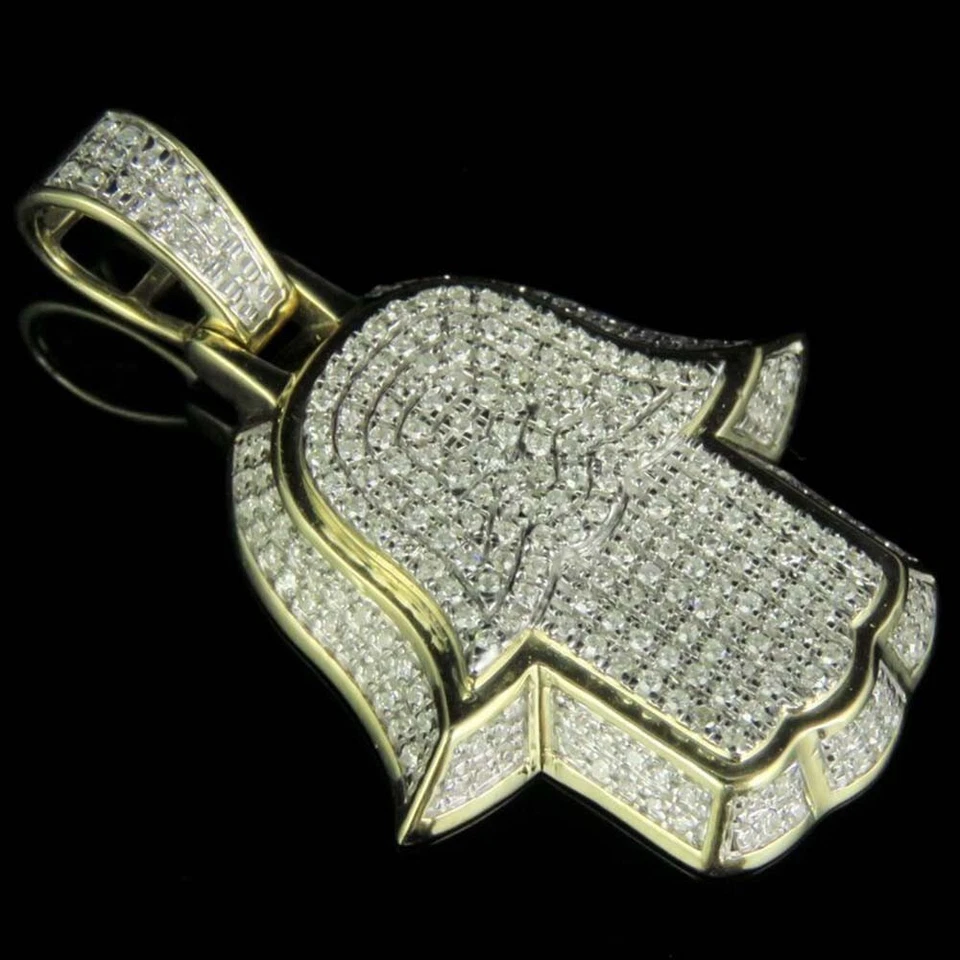 Мужской кулон Hamsa с покрытием из желтого золота 14 карат с муассанитом 0,70 карата D/FL 1,5 дюйма - Изображение 4 из 4