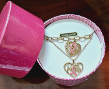 Pink Ribbon Breast Cancer Awareness Open work Heart Necklace Bracelet Set Boxed