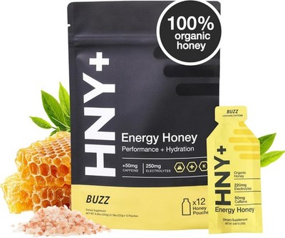 HNY+ Buzz Organic Honey Energy Gel, 50mg Caffeine, Electrolytes, 12 Pack