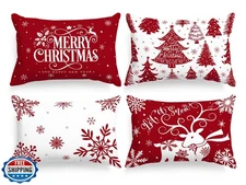 Lanpn White and Red 12x18 Christmas Lumbar Pillow Covers Set of 4, Decorative
