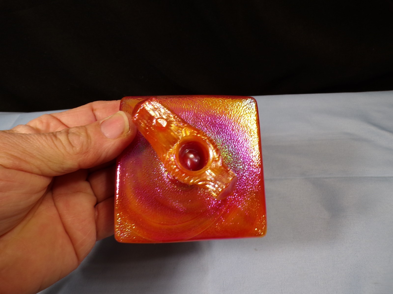 Westmoreland Summit Orange Carnival Slag Glass Bird Butterfly Branch Base GLOWS