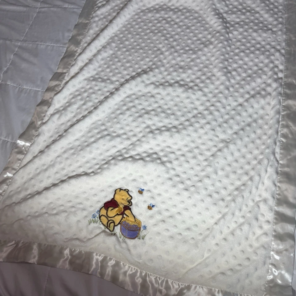 Vintage Kids Line Winnie The Pooh Baby Blanket White Minky Dot Satin Trim 29x40 - Image 2 of 4