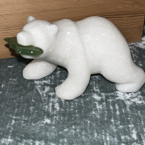 Polar Bear Hand Carved White Star Marble Stone w Jade Fish Figurine With Box