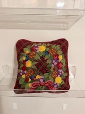 Vintage Wool Needlepoint  Wreath Floral Throw Pillow with Red Velvet Backing