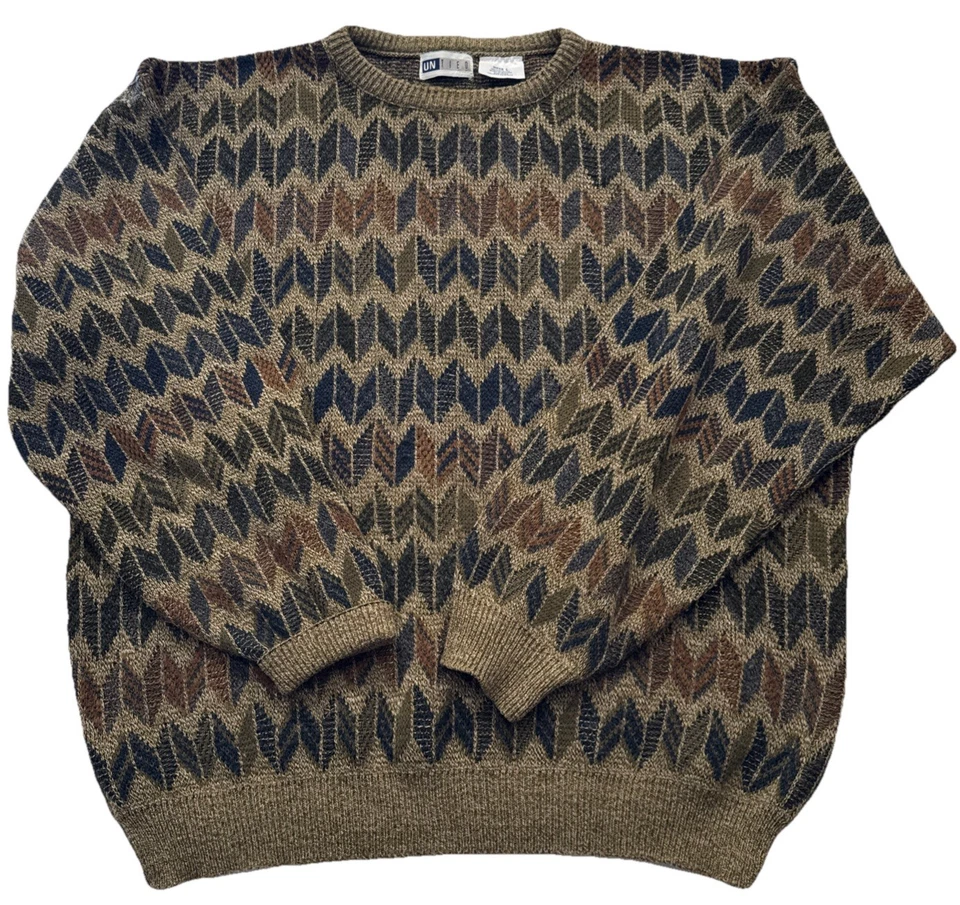 复古 80/90 年代爷爷/Cosby/Biggie/Coogie 风格几何男式毛衣 L — 第 2/4 张图片