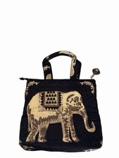 Elephant Themed Tote Bag Embroidered Black + Gold Asian Exotic Style
