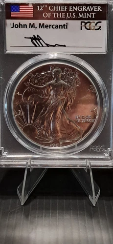1987 $1 SILVER EAGLE PCGS GEM UNCIRCULATED JOHN MERCANTI SIGNED FLAG LABEL