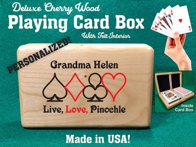 Solid Cherry Wood Playing Card Box: Personalized Pinochle Gift - Made in USA
