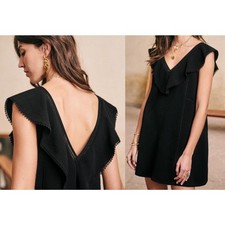 Sézane Sezane | Martie Dress Black V-Neck Mini Ruffle Trim | Sz 36